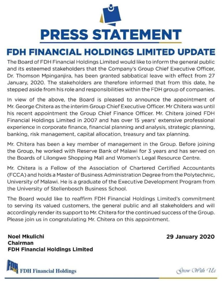 FDH CEO Thom Mpinganjira On Sabbatical Leave