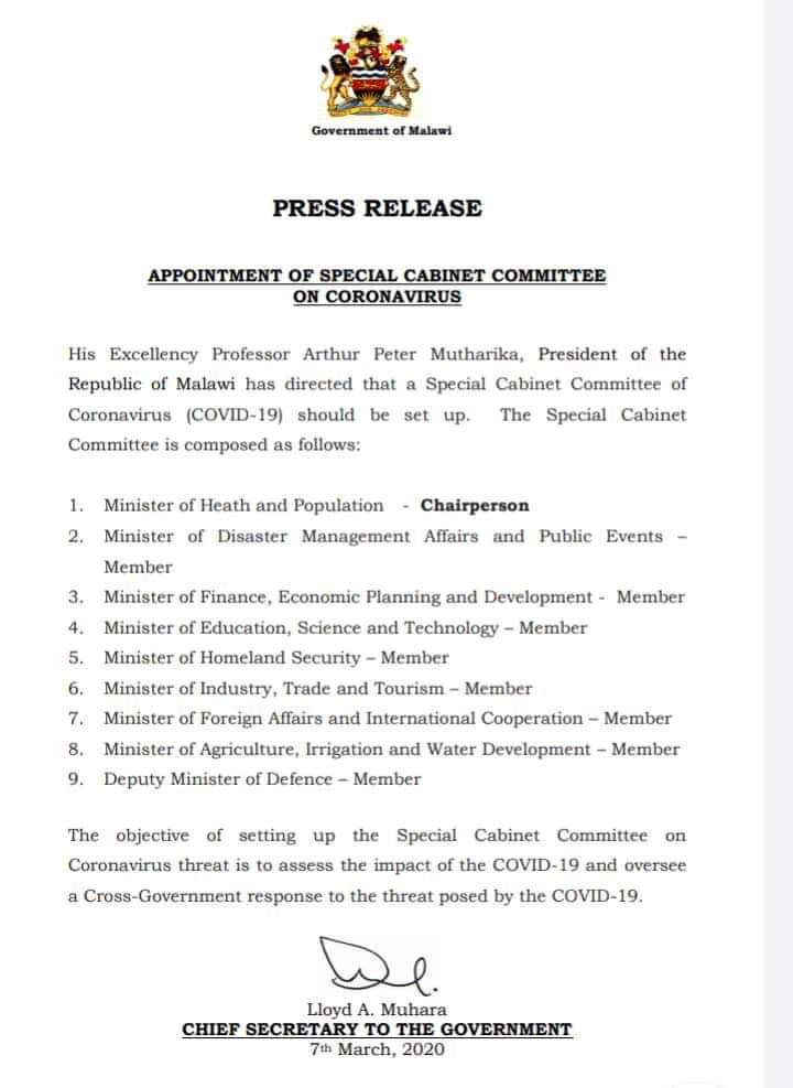 Malawi President Mutharika Appoints Special Cabinet Committee On Coronavirus