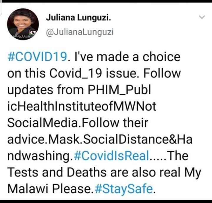 MCP Nurse Juliana Lunguzi Defies Her President on Covid-19:The Tests and Deaths are real…My Malawi Please, Stayhome