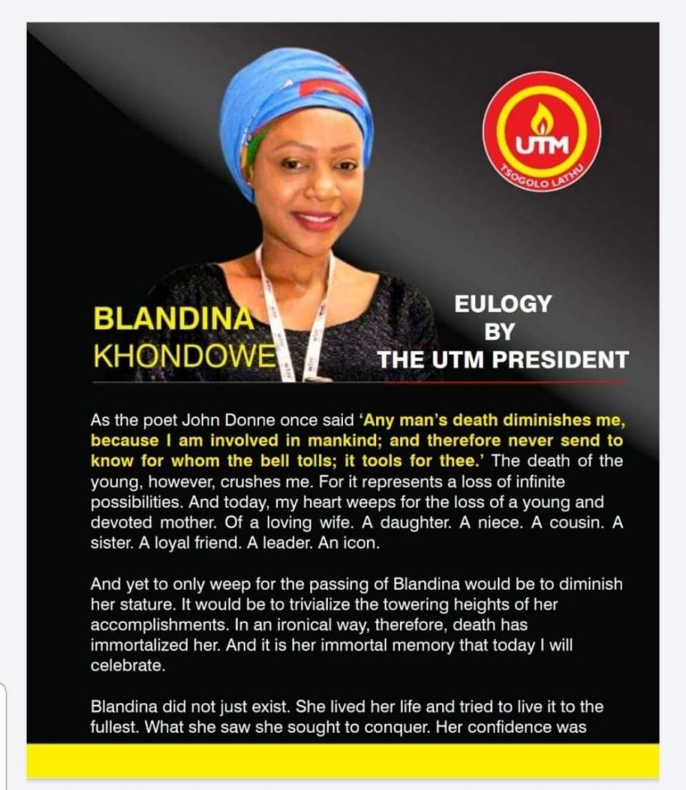 Emotional Eulogy For Blandina Khondowe By UTM President Dr. Saulos Klaus Chilima