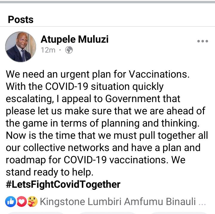 ATUPELE MULUZI RESURRECTS: Urges Govt To Plan Ahead Of Covid-19 Vaccine, “I’m Ready To Help”