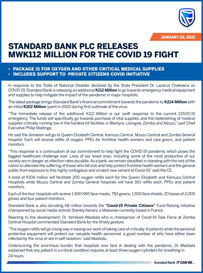 STANDARD BANK SET THE PACE: Releases K112million for Covid-19 Fight