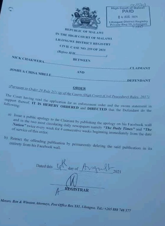 Joshua Chisa Mbele Apologises to President Chakwera’s Son Nick following Court Order