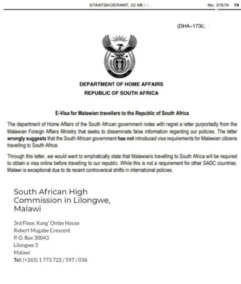 Malawi Dispels Reports On E-Visa Requirement to South Africa