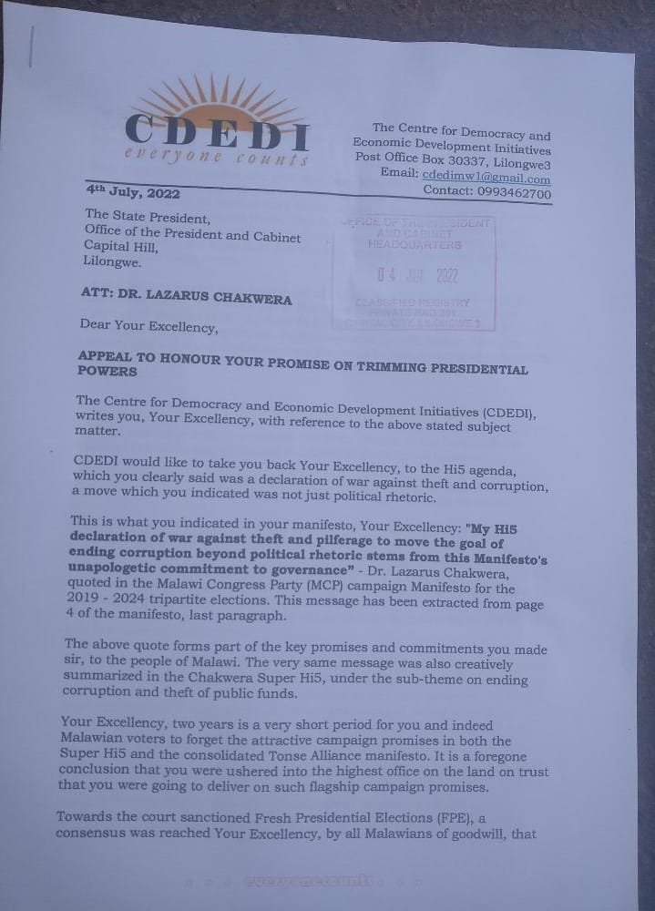 CDEDI Tells Chakwera to honour  his campaign promise of trimming presidential powers, amend section 91 if you are clean