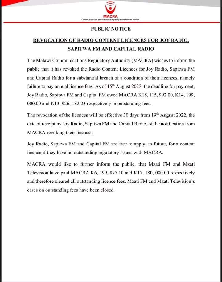 MACRA Revokes License for Bakili Muluzi’s Joy Radio