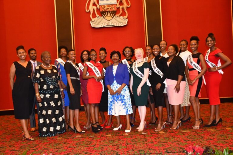 First Lady Monica Chakwera poses with Miss Malawi 2022 finalists at Kamuzu Palace