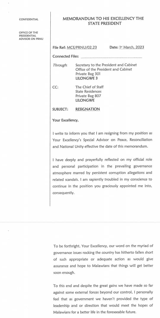 EXCLUSIVE: Rev Maurice Munthali’s resignation letter in which he is citing corruption and blatant disregard of rule of law by President Chakwera and his administration