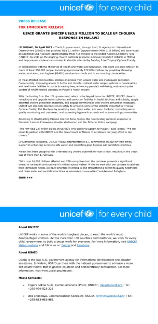 USAID GRANTS UNICEF US$2.5 MILLION TO SCALE UP CHOLERA RESPONSE IN MALAWI