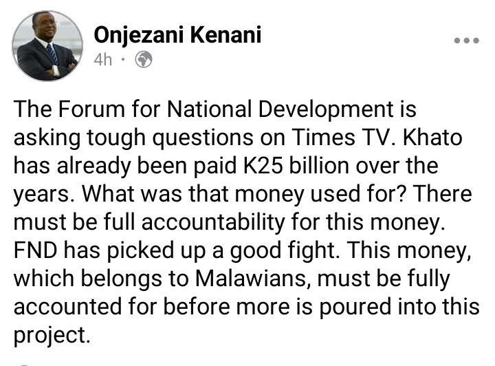 ONJEZANI KENANI’S FB POST ON KHATO, FND NEVER MENTIONED LEADER OF OPPOSITION NANKHUMWA, MP CLARIFIES