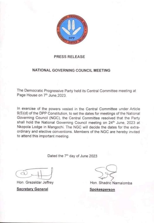 All set for DPP Convention: Central Committee meets On June 24 at Nkopola Lodge to decide dates
