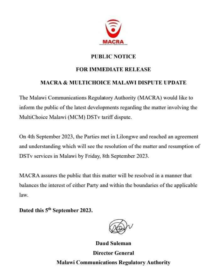 DStv services to ‘resume’ in Malawi on Friday