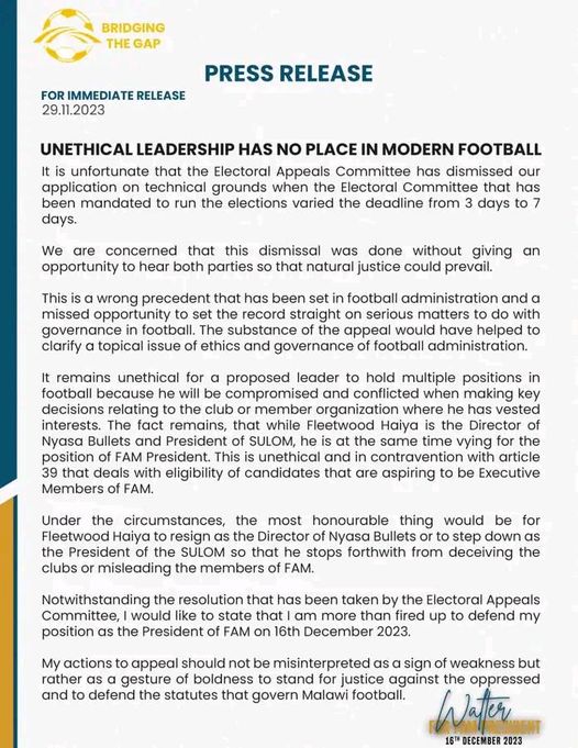 Unethical leadership has no place in modern football-Walter hits back at FAM Appeals Committee