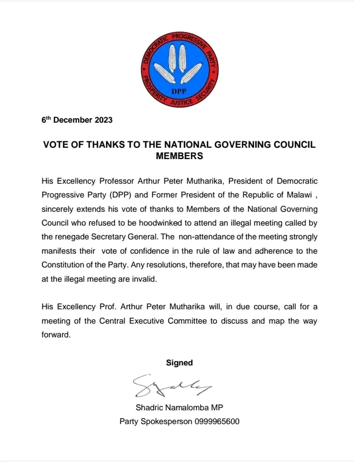 Mutharika hails NGC Members who shun Lilongwe Meeting