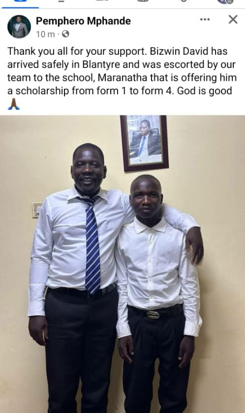 ACTS OF GOOD SAMARITAN: Maranatha Academy bails out Kasungu needy student with full scholarship