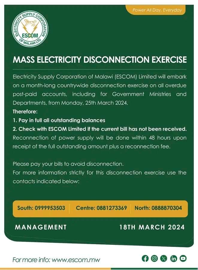 BREAKING NEWS: ESCOM to disconnect electricity in Govt offices